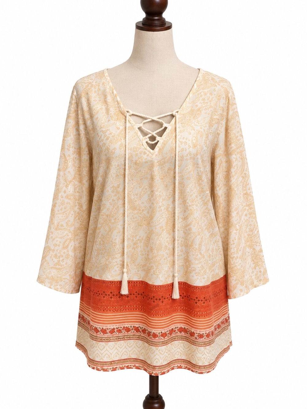 Signature Studio Paisley Border Print Lace-Up Tunic Blouse – Large